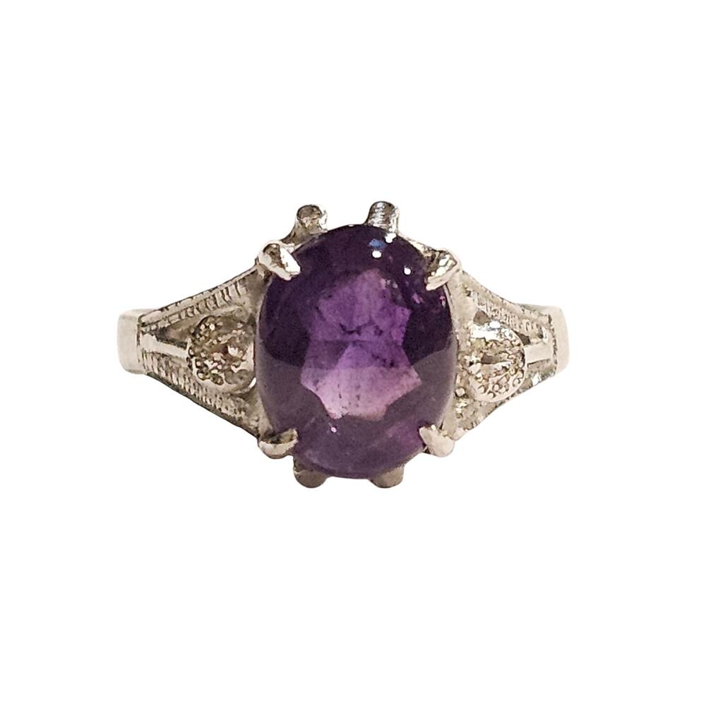 Vintage Amethyst Cabochon Sterling Silver Cocktail Ring - Size 6
